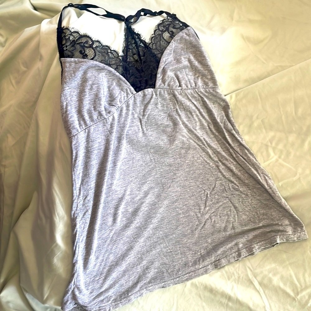 Adore Me grey and Black Lace PJ top